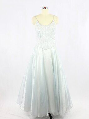 Vintage 90's LET'S FASHION Blue Embroidered Corset Organza Gown Dress, Size XS